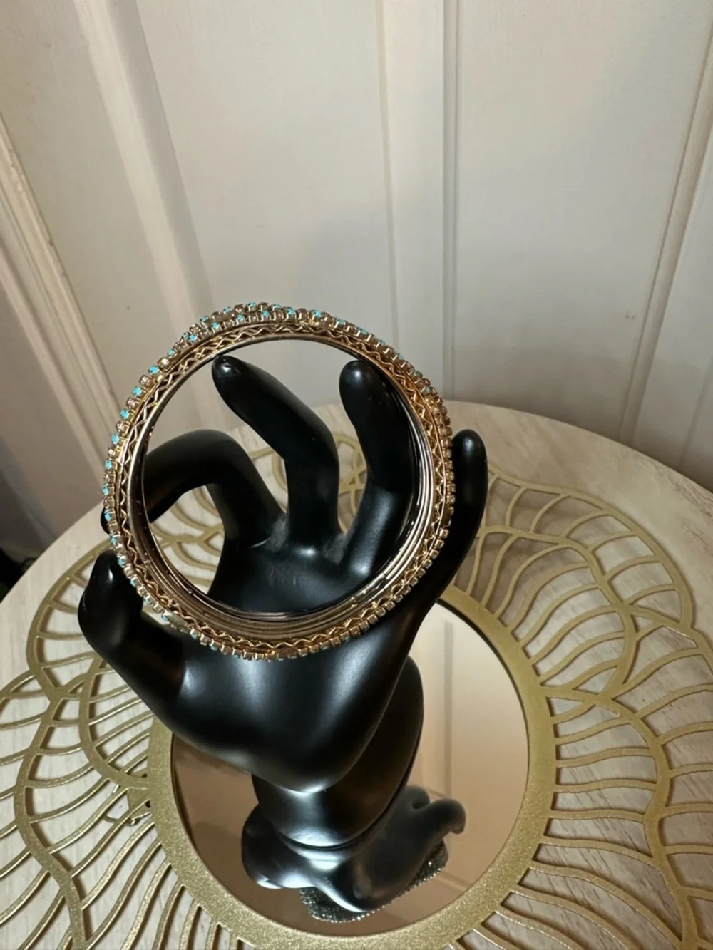 Turquoise Gold Rhinestone Bangle Bracelet Set 2 Pc Square Wavy Stack Glam Boho - Picture 9 of 9